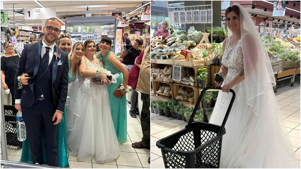 Gli sposi con le damigelle alla Coop di Castelfiorentino per le foto insolite. Incuriositi gli avventori del punto vendita Gli sposi con le damigelle alla Coop di Castelfiorentino per le foto insolite. Incuriositi gli avventori del punto vendita