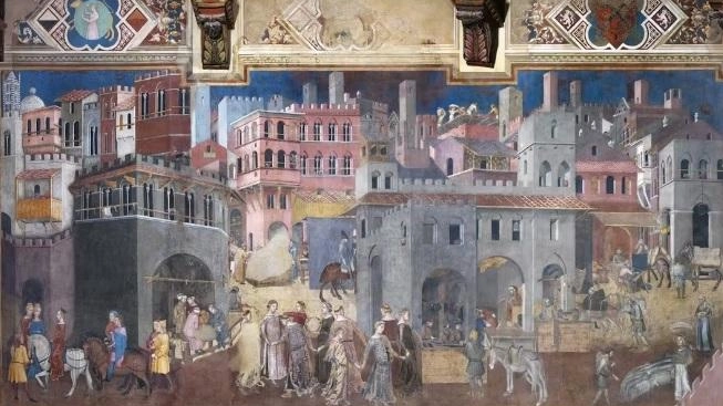 In alto il volume edito da Laterza, sopra Gabriella Piccinni, tra i curatori, a sinistra la celebre immagine degli affreschi del Buongoverno In alto il volume edito da Laterza, sopra Gabriella Piccinni, tra i curatori, a sinistra la celebre immagine degli affreschi del Buongoverno