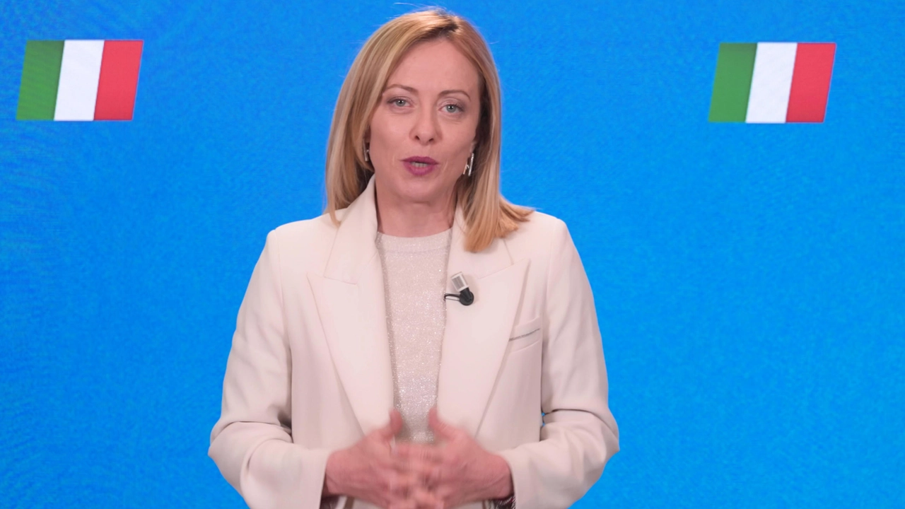 La premier Giorgia Meloni in un videomessaggio al congresso della Lega (Ansa)