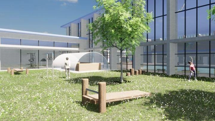 Il rendering della piscina comunale ’Frati’; i lavori sono finanziati con fondi Pnrr Il rendering della piscina comunale ’Frati’; i lavori sono finanziati con fondi Pnrr