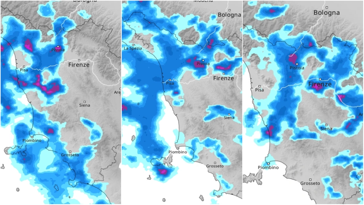Il maltempo in Toscana giovedì 5 settembre, le previsioni delle ore 08, 12 e 15. Nelle aree in viola i fenomeni più intensi (Grafici da Meteo & Radar)