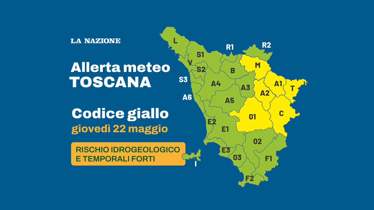 In giallo la zona coperta dall'allerta meteo di giovedì 22 maggio dalle 13 a mezzanotte In giallo la zona coperta dall'allerta meteo di giovedì 22 maggio dalle 13 a mezzanotte