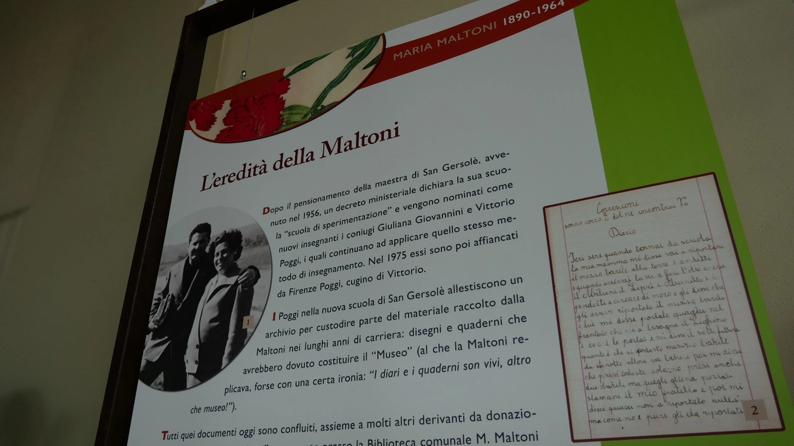 Un pannello della mostra dedicata a Maria Maltoni, la maestra di San Gersolè