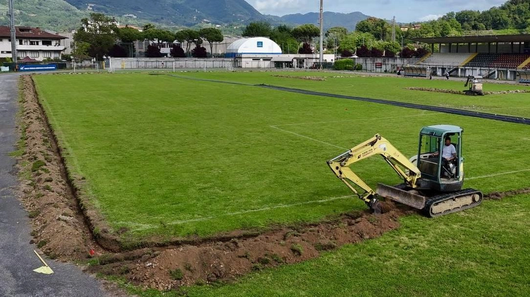 Le operazioni di sistemazione del manto erboso allo stadio comunale di Camaiore partite nei giorni scorsi Le operazioni di sistemazione del manto erboso allo stadio comunale di Camaiore partite nei giorni scorsi