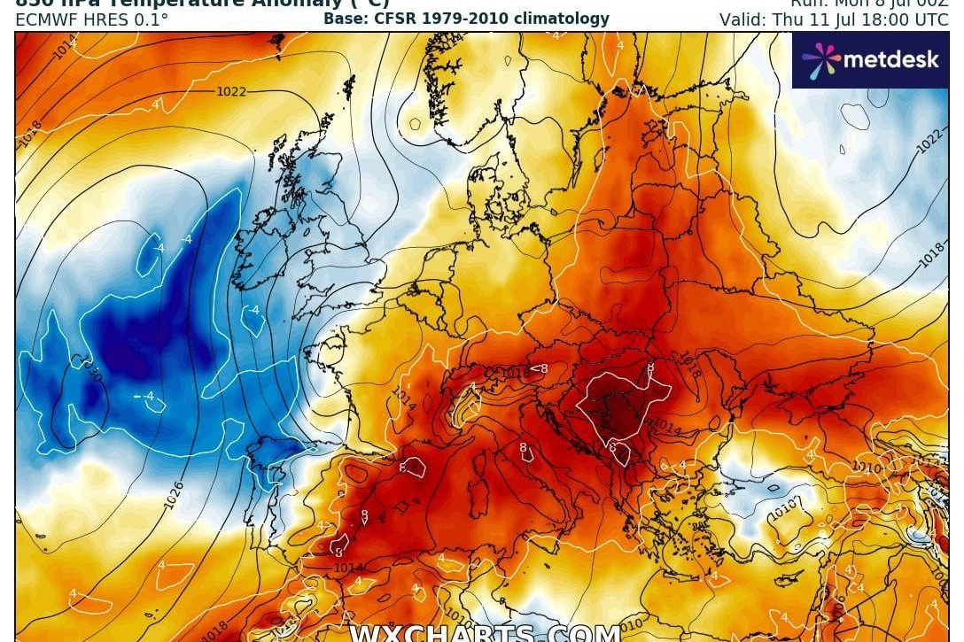 Nell'immagine sulle anomalie di calore l'Italia è in piena zona rossa
