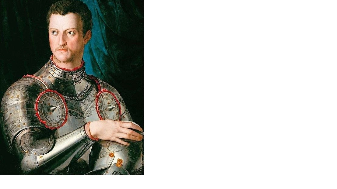 Il ritratto di Cosimo I di pinto dal Bronzino e, a destra l’esterno del museo. di Artimino Il ritratto di Cosimo I di pinto dal Bronzino e, a destra l’esterno del museo. di Artimino