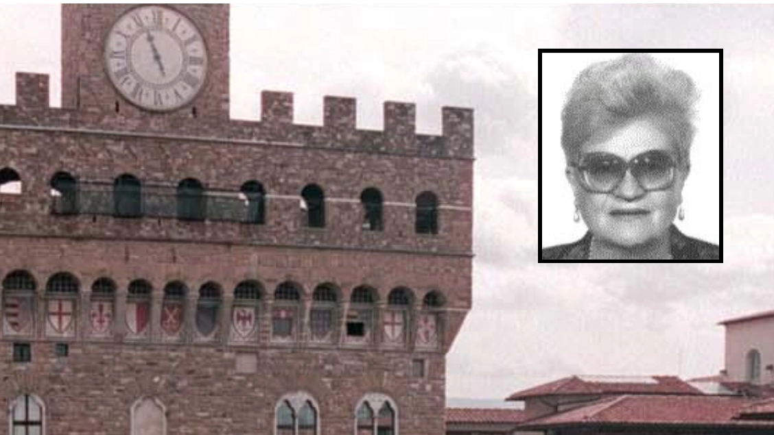Nel riquadro una foto di alcuni anni fa di Vera Dragoni, sullo sfondo Palazzo Vecchio Nel riquadro una foto di alcuni anni fa di Vera Dragoni, sullo sfondo Palazzo Vecchio