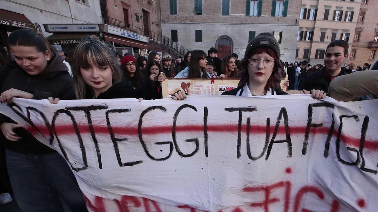 Lo striscione a una recente manifestazione. contro la violenza sulle donne Lo striscione a una recente manifestazione. contro la violenza sulle donne