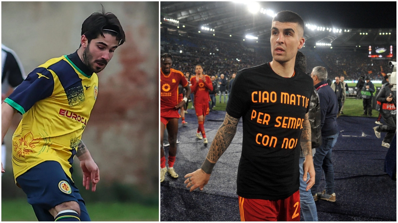 A sinistra Mattia Giani (foto Gasperini/Germogli); a destra Mancini con la dedica sulla maglia indossata in occasione di Roma-Milan (foto Gaetano/Ag. Liverani)