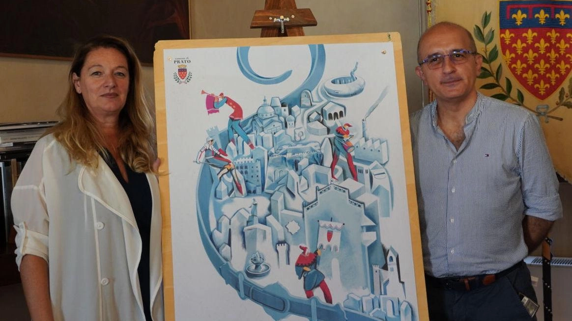 Il manifesto del Corteggio con la sindaca Bugetti e il cerimoniere Marzocco Il manifesto del Corteggio con la sindaca Bugetti e il cerimoniere Marzocco
