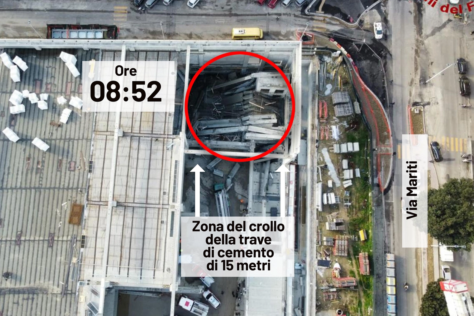 La mappa del cantiere Esselunga di via Mariti, dove nella mattina di venerdì 16 febbraio 2024 è avvenuto il crollo