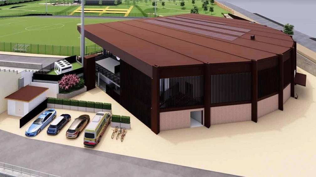 Il rendering del progetto del nuovo Palazzetto dello Sport che potrà ospitare basket, volley,. pallamano e calcio a cinque