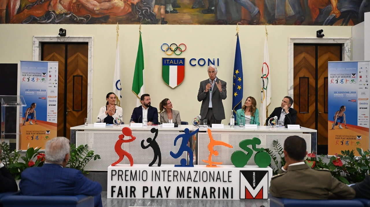 Conferenza stampa di presentazione del 29° Premio Internazionale Fair Play Menarini, da sinistra verso destra: Cristina Scaletti (sindaco di Fiesole); Filippo Paganelli (membro del Board della Fondazione Fair Play Menarini); Valeria Speroni Cardi (membro del Board della Fondazione Fair Play Menarini); Giovanni Malagò (Presidente del CONI); Rachele Sangiuliano (presentatrice della cerimonia di premiazione); Michele Cagiano (vicedirettore di SkyTG24 e presentatore della cerimonia di premiazione) Conferenza stampa di presentazione del 29° Premio Internazionale Fair Play Menarini, da sinistra verso destra: Cristina Scaletti (sindaco di Fiesole); Filippo Paganelli (membro del Board della Fondazione Fair Play Menarini); Valeria Speroni Cardi (membro del Board della Fondazione Fair Play Menarini); Giovanni Malagò (Presidente del CONI); Rachele Sangiuliano (presentatrice della cerimonia di premiazione); Michele Cagiano (vicedirettore di SkyTG24 e presentatore della cerimonia di premiazione)