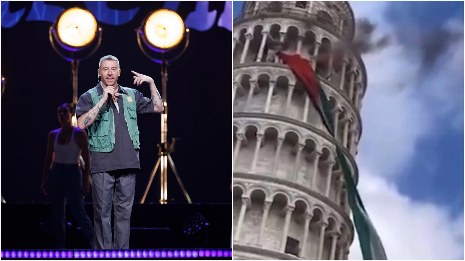 Macklemore e la Torre di Pisa con la bandiera della Palestina
