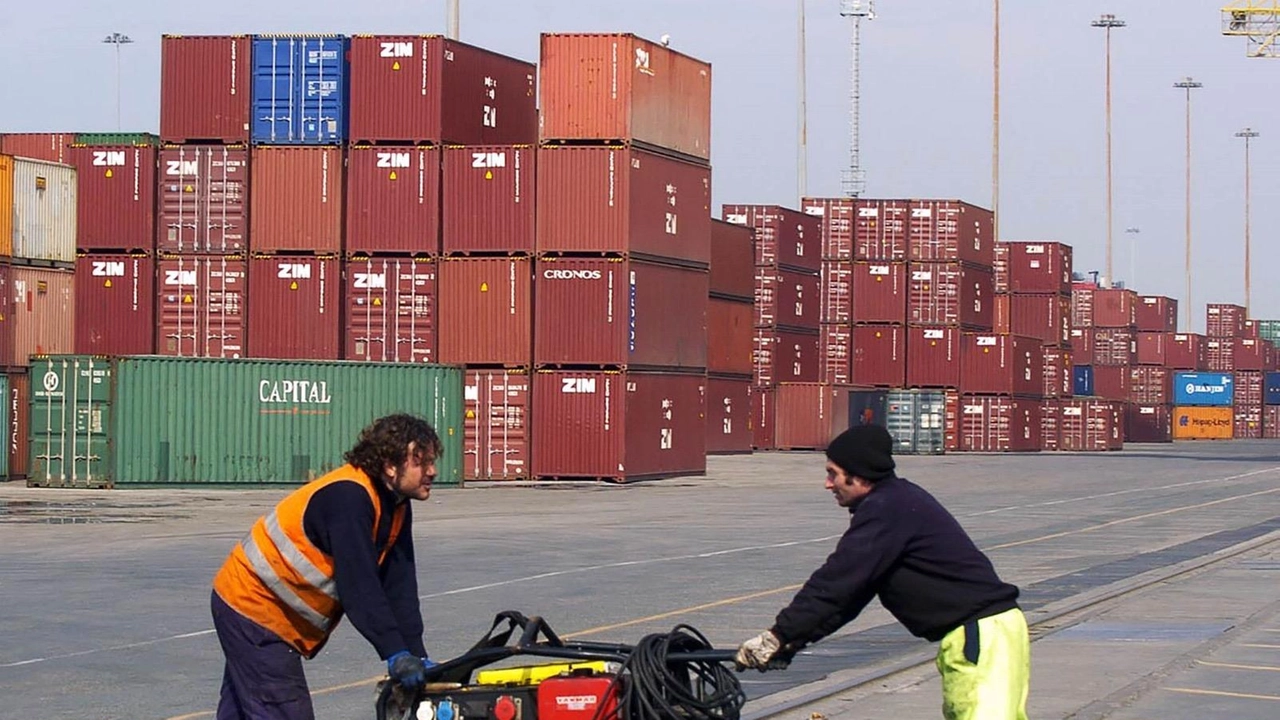 Lavoratori portuali impegnati su una banchina a Livorno (. Foto Novi Lavoratori portuali impegnati su una banchina a Livorno (. Foto Novi
