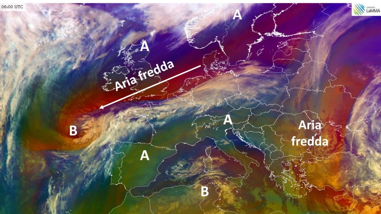 L'immagine satellitare del Lamma mostra, in sintesi, le principali figure bariche (cioè relative alla pressione) attualmente presenti in Europa L'immagine satellitare del Lamma mostra, in sintesi, le principali figure bariche (cioè relative alla pressione) attualmente presenti in Europa