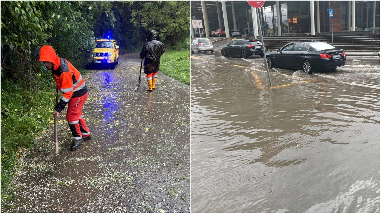 Due immagini del maltempo del 5 maggio in Toscana: a sinistra si libera una strada in provincia di Firenze, a destra gli allagamenti fuori dall'ospedale fiorentino di Careggi Due immagini del maltempo del 5 maggio in Toscana: a sinistra si libera una strada in provincia di Firenze, a destra gli allagamenti fuori dall'ospedale fiorentino di Careggi