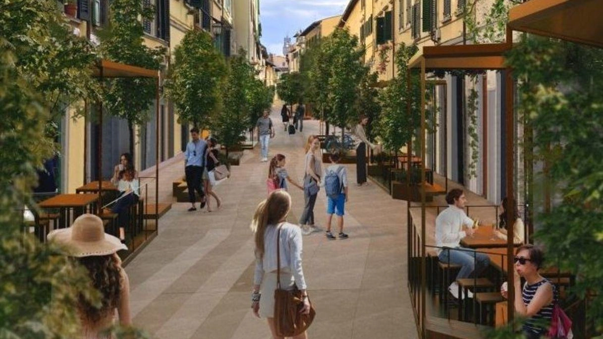 Un rendering di come sarà via Palazzuolo: la strada che va da piazza degli Ottaviani fino alla zona del Prato Un rendering di come sarà via Palazzuolo: la strada che va da piazza degli Ottaviani fino alla zona del Prato
