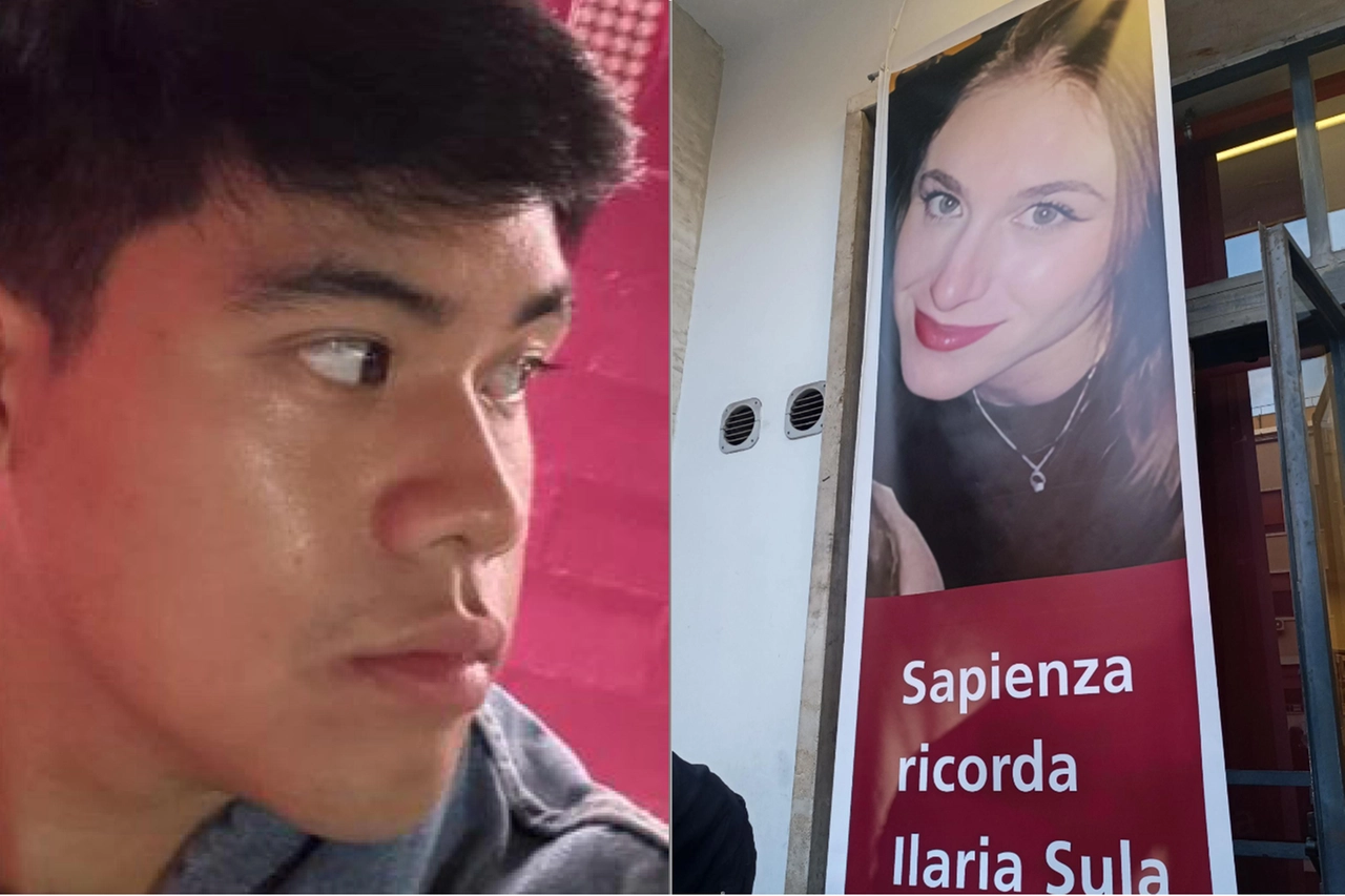 Mark Antony Samson e, a destra, un cartellone esposto a la sapienza che ricorda Ilaria Sula (Ansa)