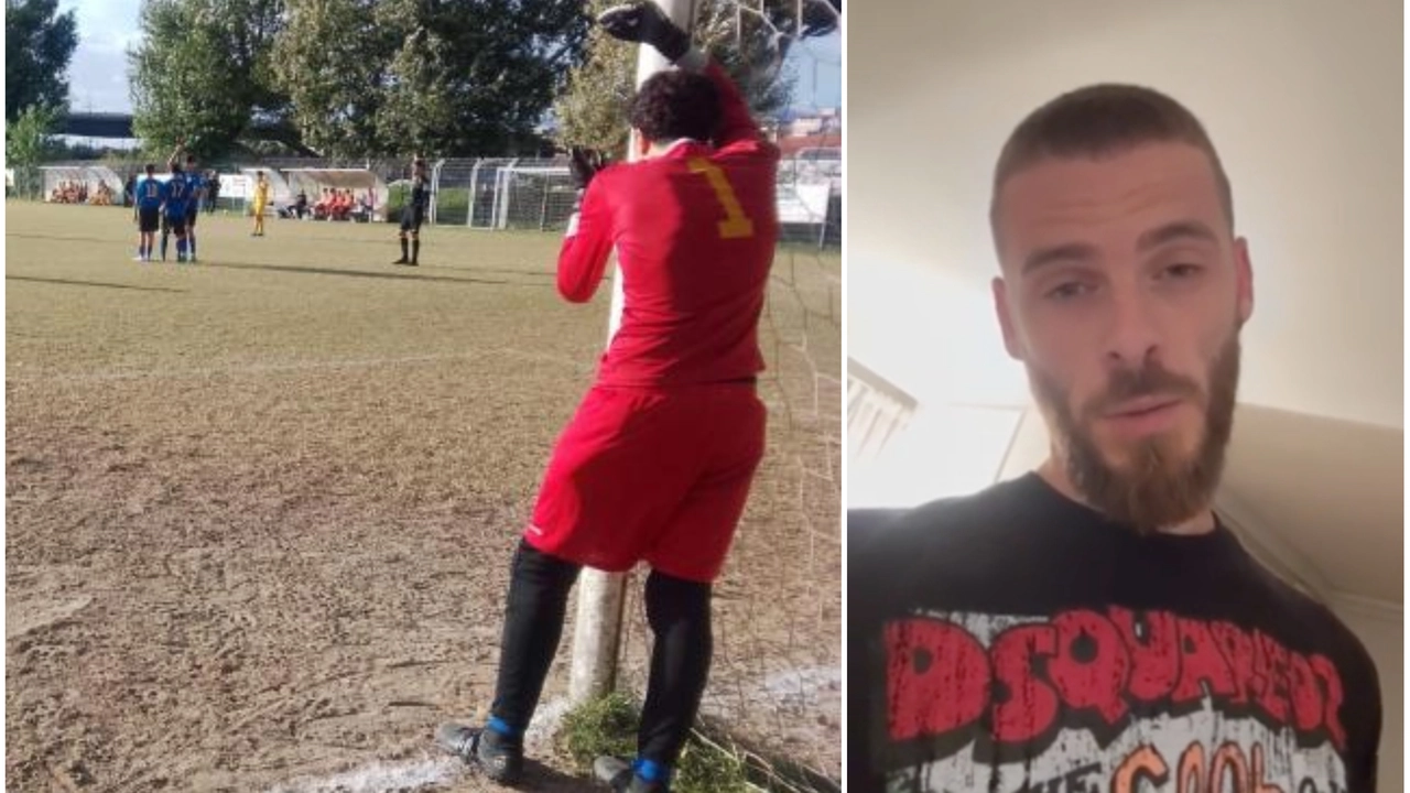 Martino impegnato in campo. A destra De Gea durante il video messaggio Martino impegnato in campo. A destra De Gea durante il video messaggio