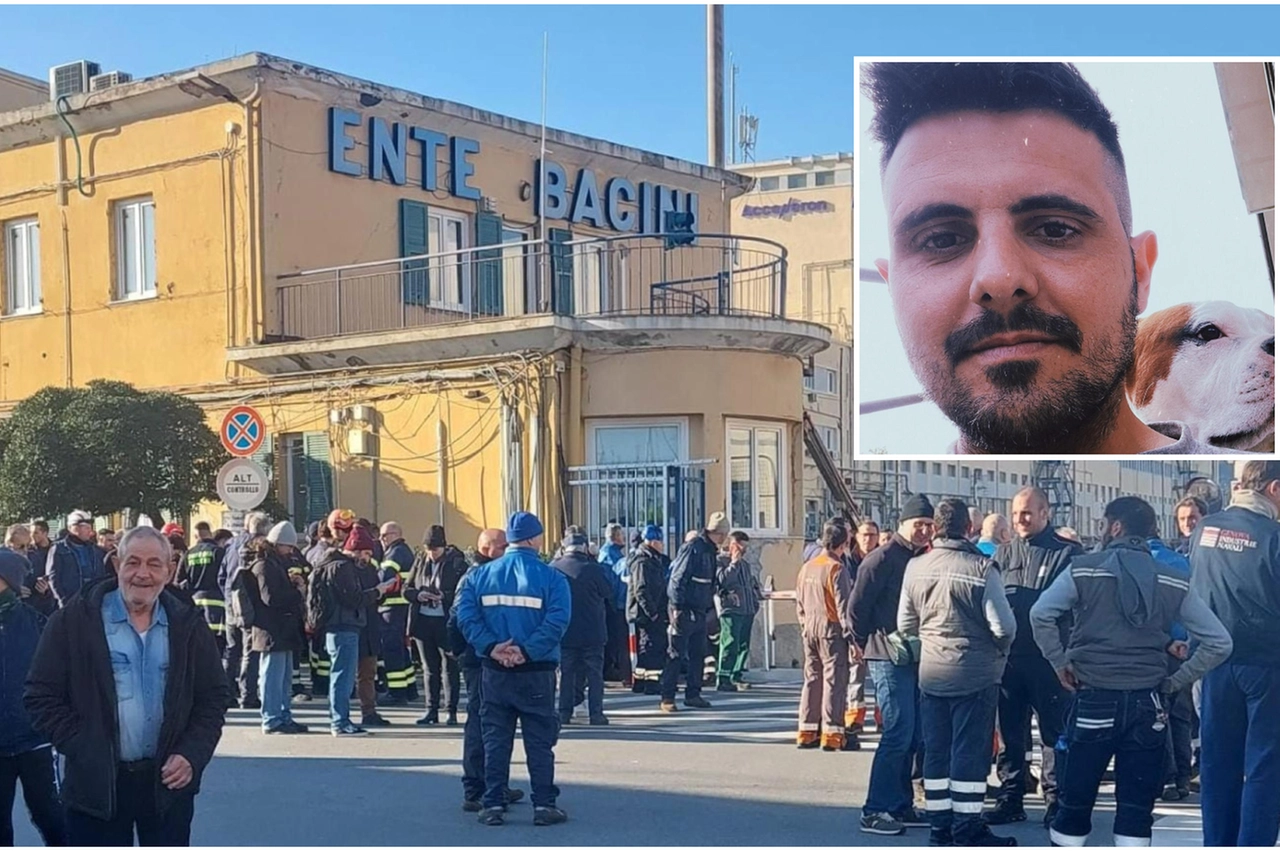 Operai davanti all'Ente Bacini e, nel riquadro, Lorenzo Bertanelli