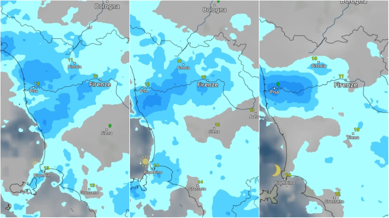 La perturbazione in transito sulla Toscana sabato 22 febbraio. Le previsioni alle ore 11, 12 e 20 (Tabelle di Meteo&Radar)