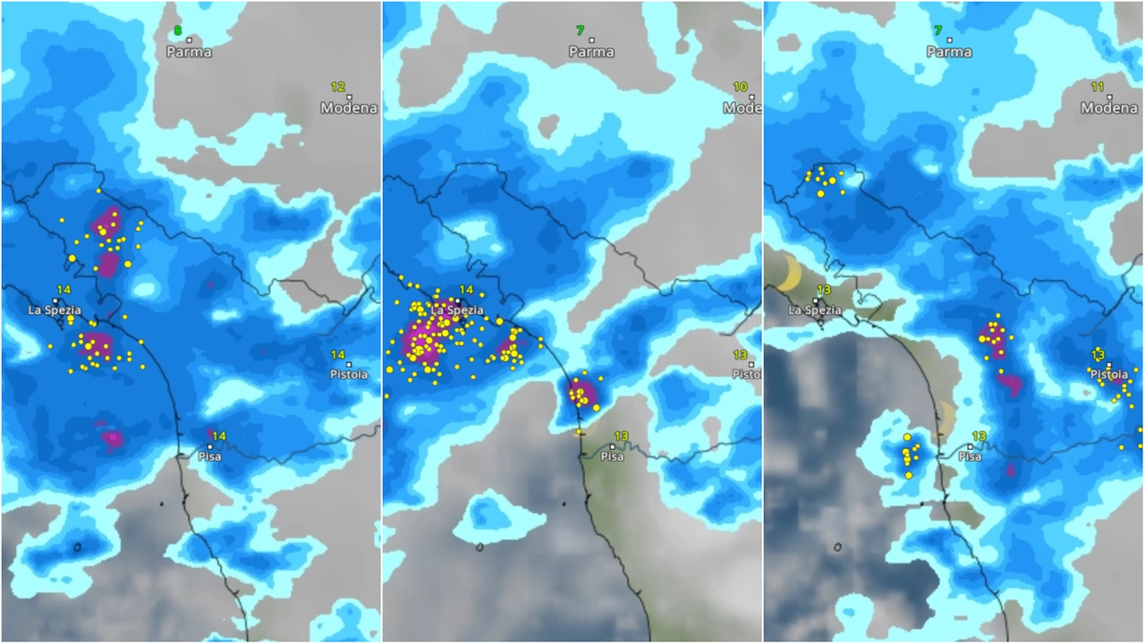Il transito della perturbazione tra la Liguria e la Toscana. Rilevazioni Meteo&Radar ore 00, 03 e 05 di martedì 28 gennaio 2025