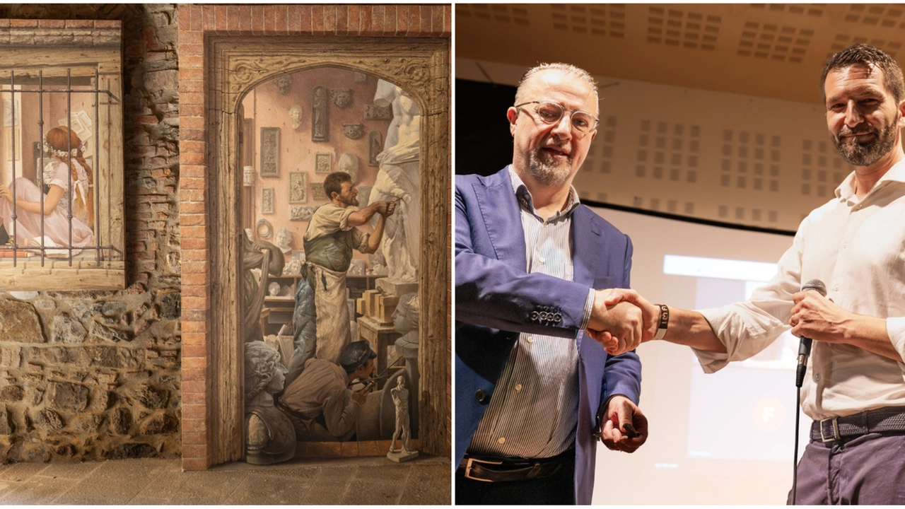 A sinistra l'opera 'I confini dell'arte'. A destra il vincitore di Imago in Villa 2024 Stefano Lucà A sinistra l'opera 'I confini dell'arte'. A destra il vincitore di Imago in Villa 2024 Stefano Lucà