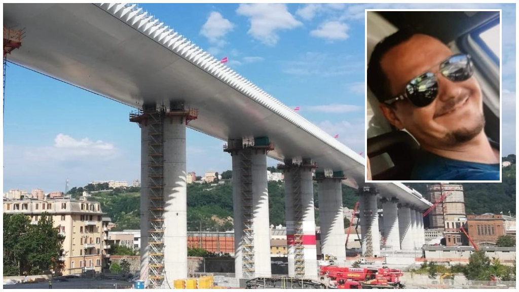 Il cantiere del Ponte Morandi e, nel riquadro, la vittima. Che lavorava per una ditta di carpenteria chiamata a realizzare alcune opere nel cantiere del Memoriale per i morti del crollo del 2018