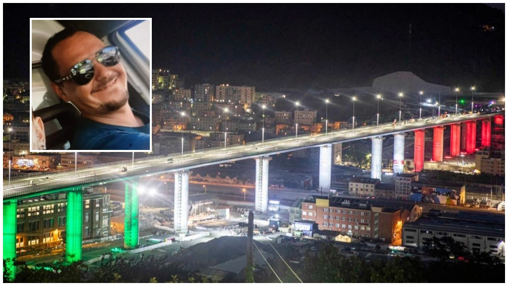 Il nuovo Ponte Morandi e, nel riquadro, Marco Ricci, la vittima 39enne
