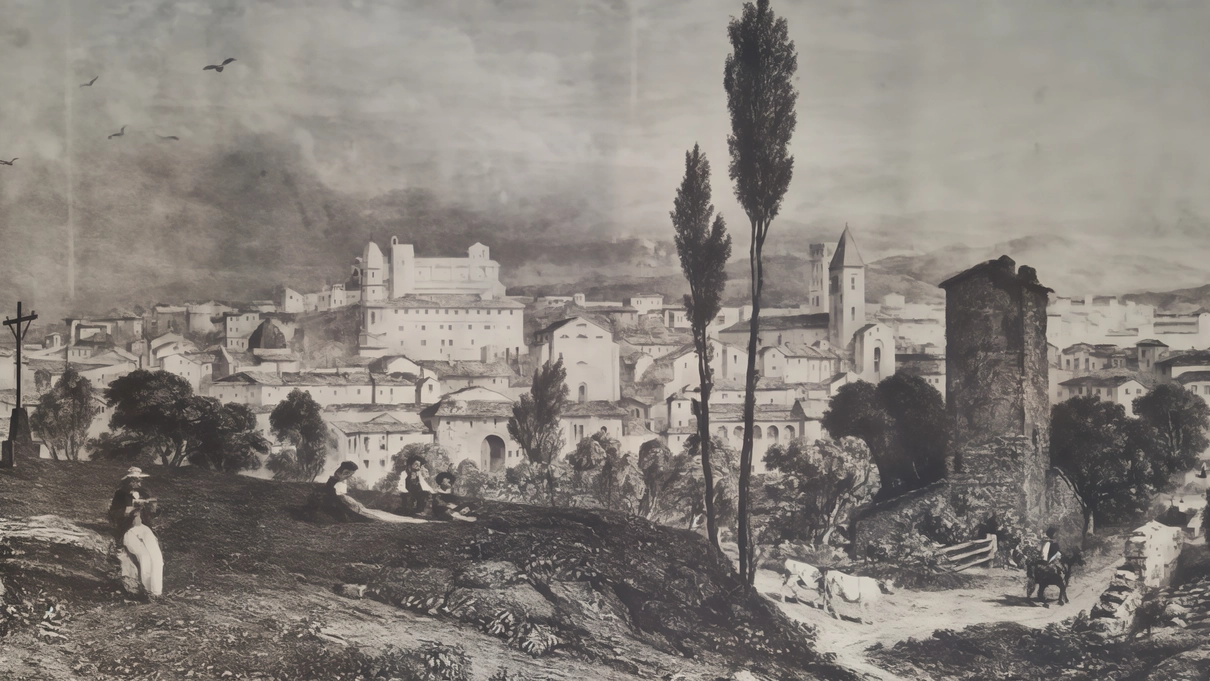 È il profilo più celebre di Arezzo contenuto nel volume di Brockedon stampato nel 1835. Il panorama è ripreso da Poggio del Sole ma ha alcuni dettagli visibili soltanto dal Pionta. È il profilo più celebre di Arezzo contenuto nel volume di Brockedon stampato nel 1835. Il panorama è ripreso da Poggio del Sole ma ha alcuni dettagli visibili soltanto dal Pionta.