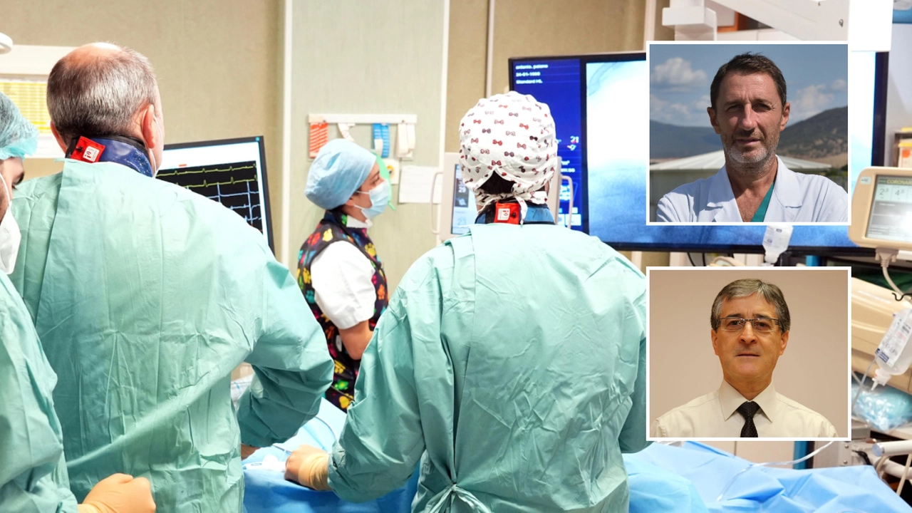 La giovane paziente è stata operata all’ospedale di Grosseto dall’équipe del dottor Andrea Coratti (nel riquadro in alto a destra) e dai colleghi dell’Uoc Chirurgia Toracica e Trapianto di Polmone, diretta dal professor Piero Paladini dell’Aou Senese (in basso)