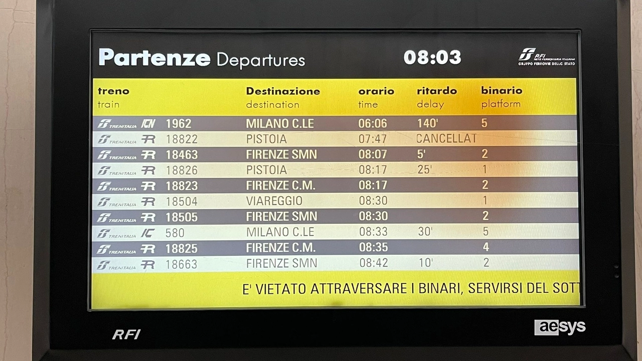 Il tabellone con gli orari dei treni alla stazione di Prato