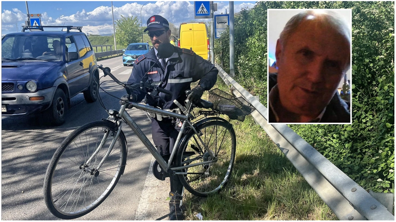 La scena dell'incidente, con la bicicletta dell'uomo sequestrata dalla Municipale. Nel riquadro la vittima