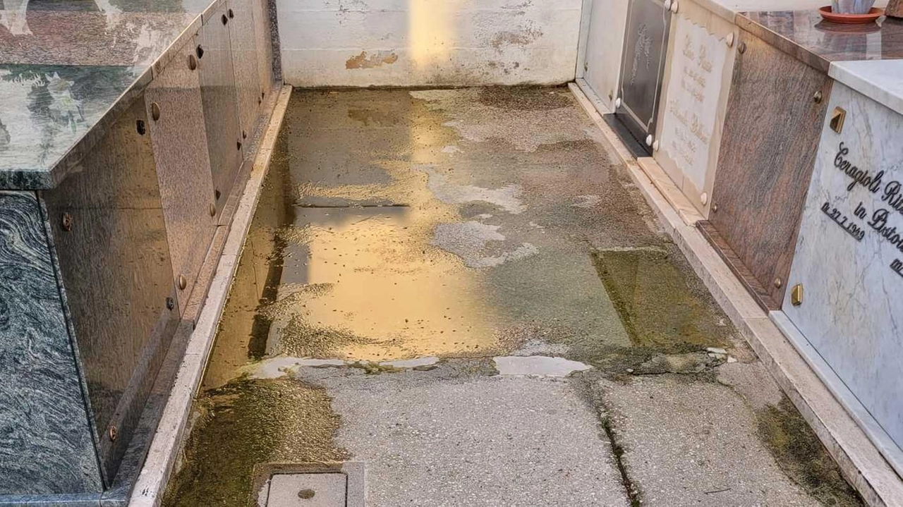 Gli allagamenti fra le tombe è uno dei problemi segnalati dalla Lega al cimitero comunale di Piano di Mommio