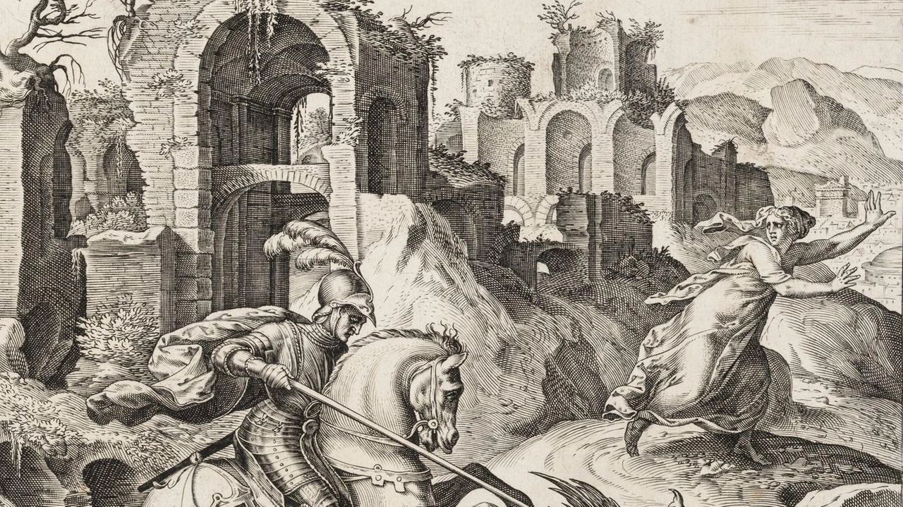 Cornelis Cort, da Giulio Clovio, “San Giorgio e il drago“, bulino, 1577, proprietà delle Gallerie degli Uffizi Cornelis Cort, da Giulio Clovio, “San Giorgio e il drago“, bulino, 1577, proprietà delle Gallerie degli Uffizi