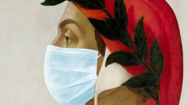 Il profilo di Dante Alighieri, coperto dalla mascherina chirurgica