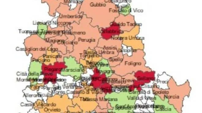 Nella cartina i Comuni con colore rosso sono quelli con incidenza maggiore, poi marrone, verde e bianco