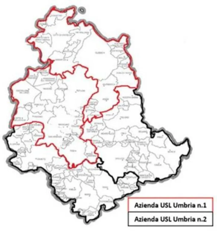 Nell’immagine la suddivisione dei quattro distretti sanitari in cui sarà divisa l’Umbria con il nuovo Piano