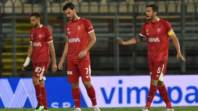 La delusione dei giocatori biancorossi dopo la sconfitta rimediata al Curi contro il Bari