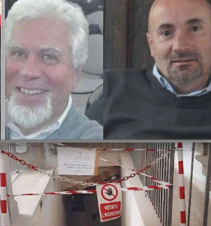 In alto, Piero Bruni e Filippo Bagni. Sotto, la scala che porta alla cabina dove hanno trovato la morte