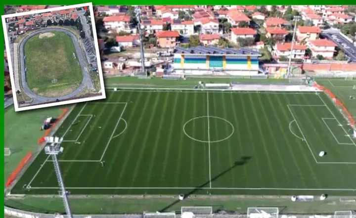 Ecco la nuova versione, fotografata dall’alto col drone, dello stadio “Buon Riposo“ di Pozzi completamente rifatto col manto in sintetico (in alto a sinistra com’era prima)