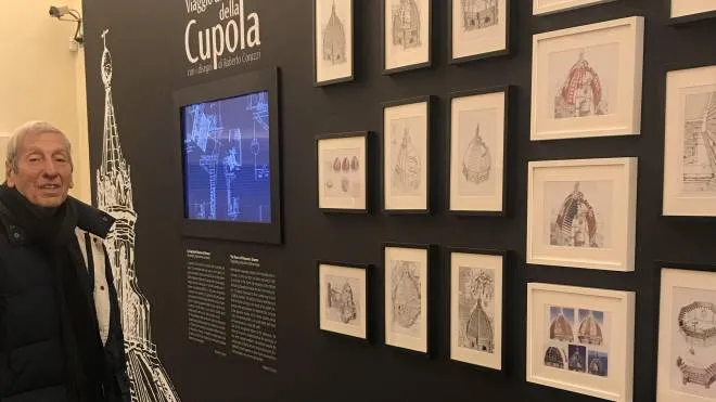 Roberto Corazzi nella Libreria Brunelleschi e i suoi disegni sulle meraviglie della Cupola
