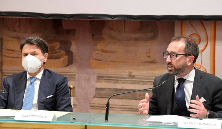 Nella foto:  Giuseppe Conte e Alfonso Bonafede durante il convegno in memoria di Niccolò Ciatti
(ANSA/Claudio Peri)

