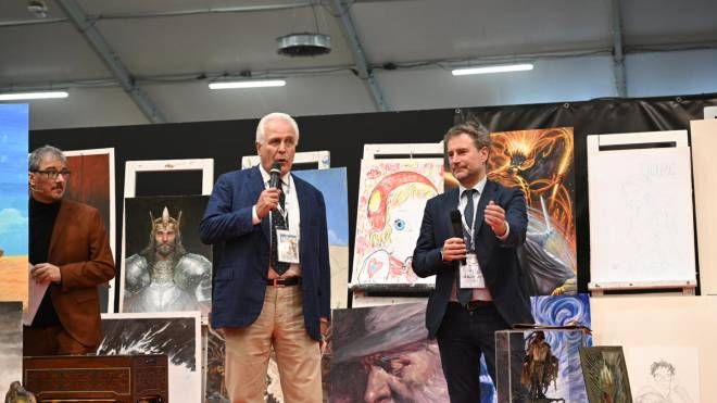 Il presidente della regione Toscana Eugenio Giani con il sindaco di Lucca Mario Pardini e il direttore di Lucca Crea Emanuele Vietina (Foto Alcide)