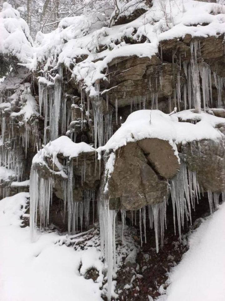 Stalattiti di ghiaccio lungo la strada di Passo della Calla. Foto Reparto Carabinieri Parco Foreste Casentinesi