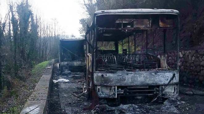 I bus distrutti nell'incendio in via Loppia (Foto Borghesi)